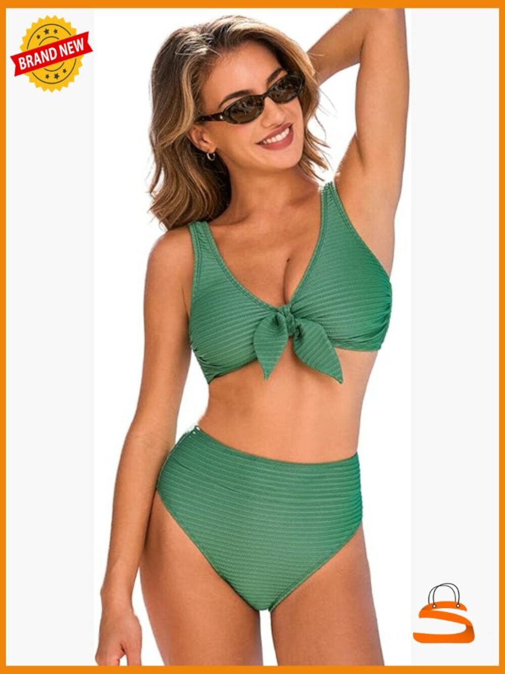 High Waist V Neck Bikini Set Two Piece Swimsuit Ribbed Tummy Control Swim Top